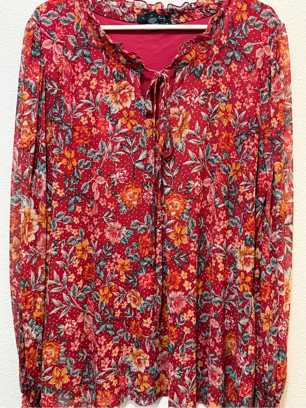 A Love Story red floral blouse with long sheer sleeves, size 2X
